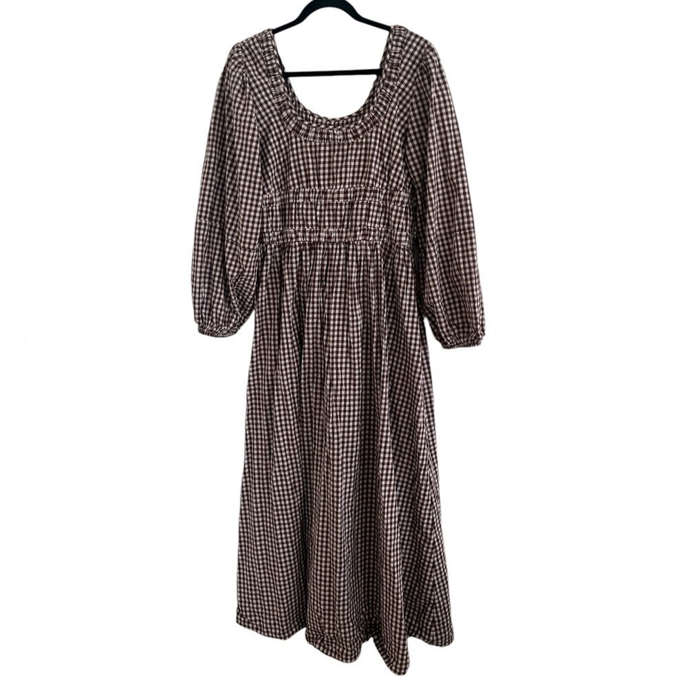 Damson Madder Dakota Bow Gingham Puff-Sleeve Midi Dress UK 16 - Picture 2 of 11